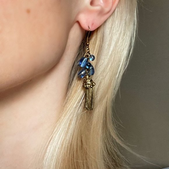 Vintage Blue Stone Antique Brass Chandelier Dangle Earrings - Picture 3 of 4